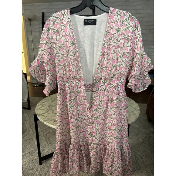 Minkpink White Pink Liberty Flowy Sleeves Elastic Waist Mini Dress Womens Size S - Picture 2 of 6